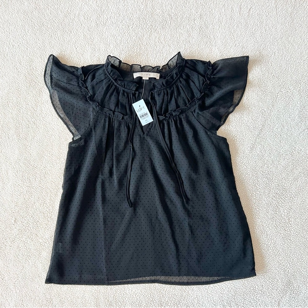 Loft Velvet Dot Ruffle Tie Neck Flutter Top, size XS Petite